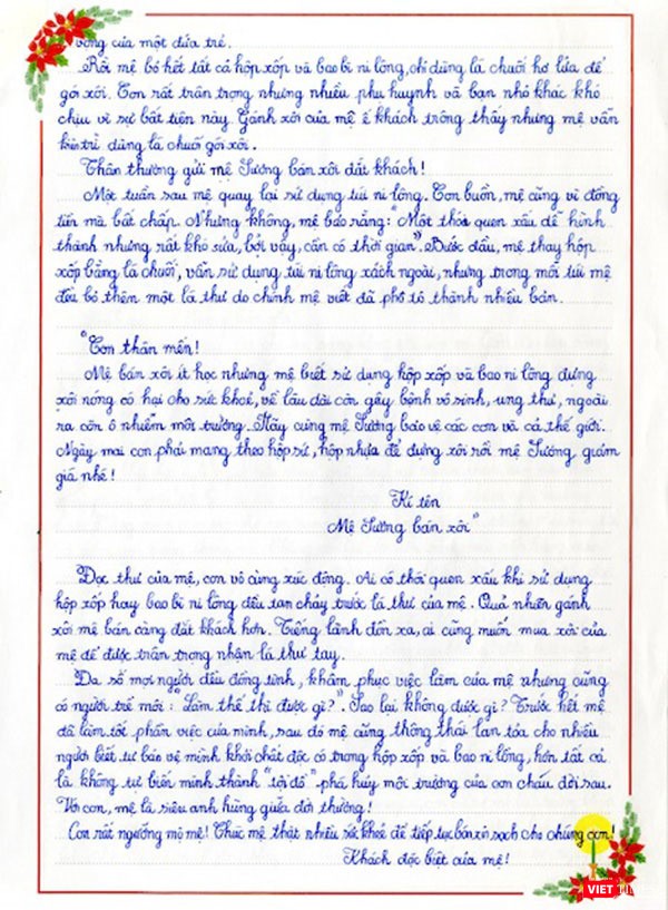 Bức thư đạt Giải Nhất của Phan Hoàng Phương Chi.