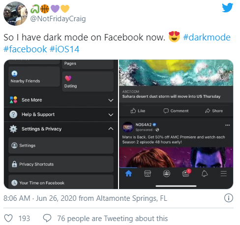 Chia sẻ của một tài khoản hiếm hoi được trải nghiệm tính năng Dark Mode trên Facebook. Ảnh: Digital Trends Chia sẻ của một tài khoản hiếm hoi được trải nghiệm tính năng Dark Mode trên Facebook. Ảnh: Digital Trends