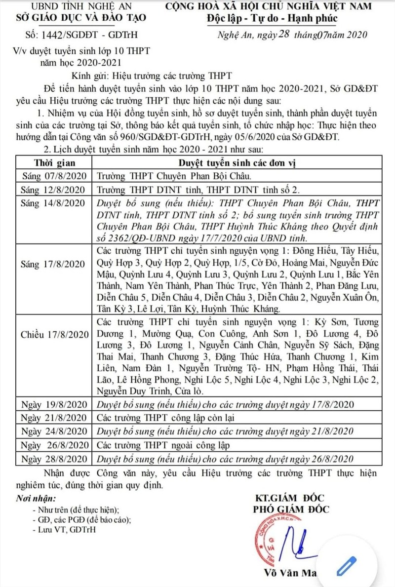 Lịch duyệt tuyển sinh của Sở GD&ĐT tỉnh Nghệ An.