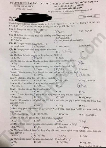 Đề thi tốt nghiệp THPT 2020 môn Hóa học. Nguồn: TTHN