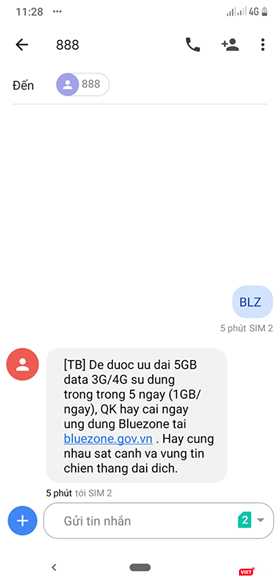 Tin nhắn xác nhận của tổng đài sau khi kích hoạt Bluezone.