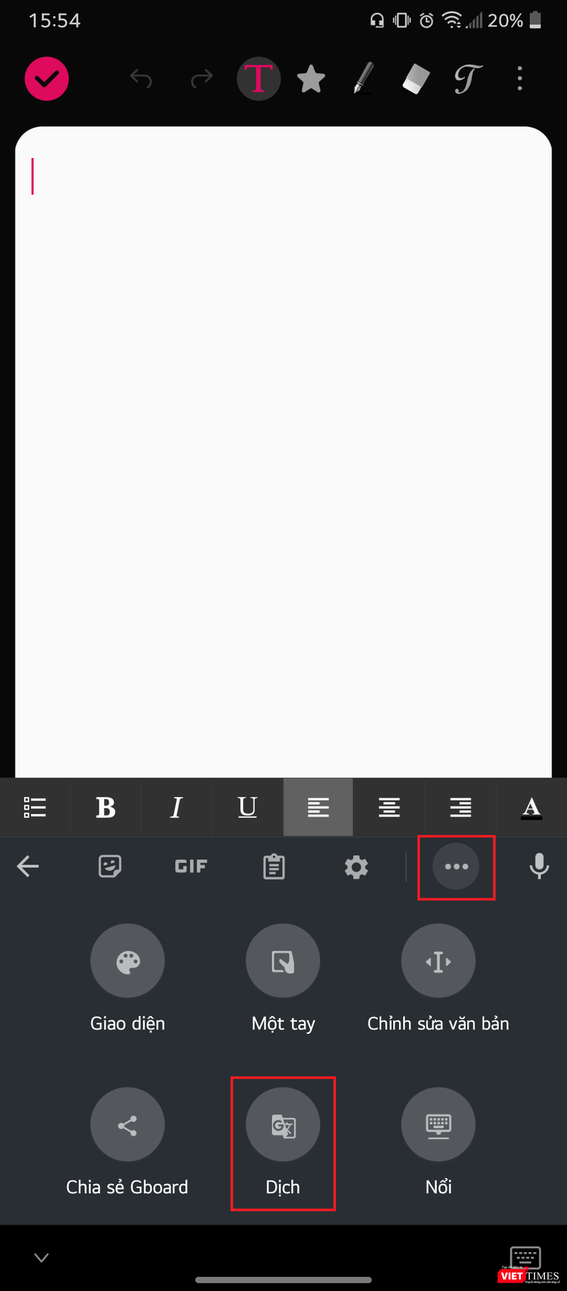 Giao diện tính năng dịch văn bản của Gboard Giao diện tính năng dịch văn bản của Gboard