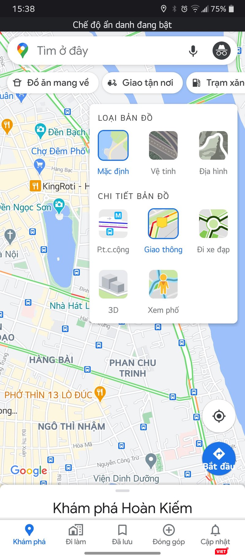 Chọn biểu tượng Giao thông để phân tích mật độ phương tiện trên tuyến đường.
