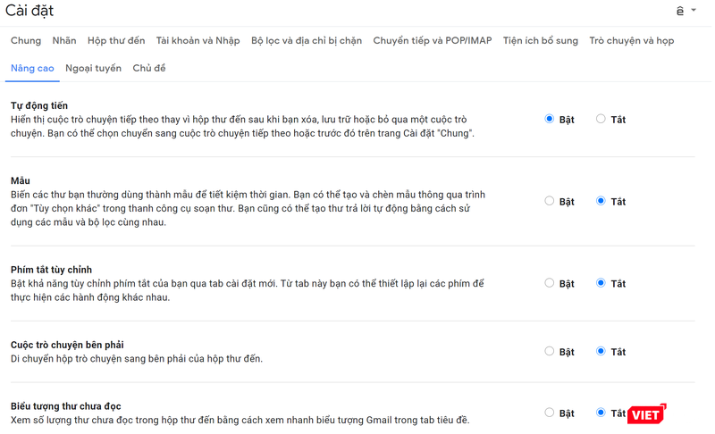 Người dùng có thể điều chỉnh các tính năng trong Cài đặt nâng cao.