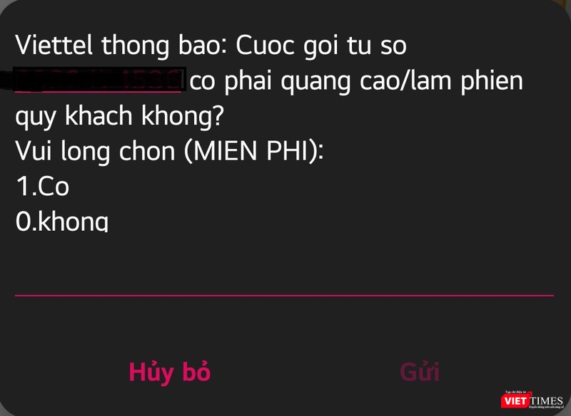 Tin nhắn xác minh cuộc gọi rác.