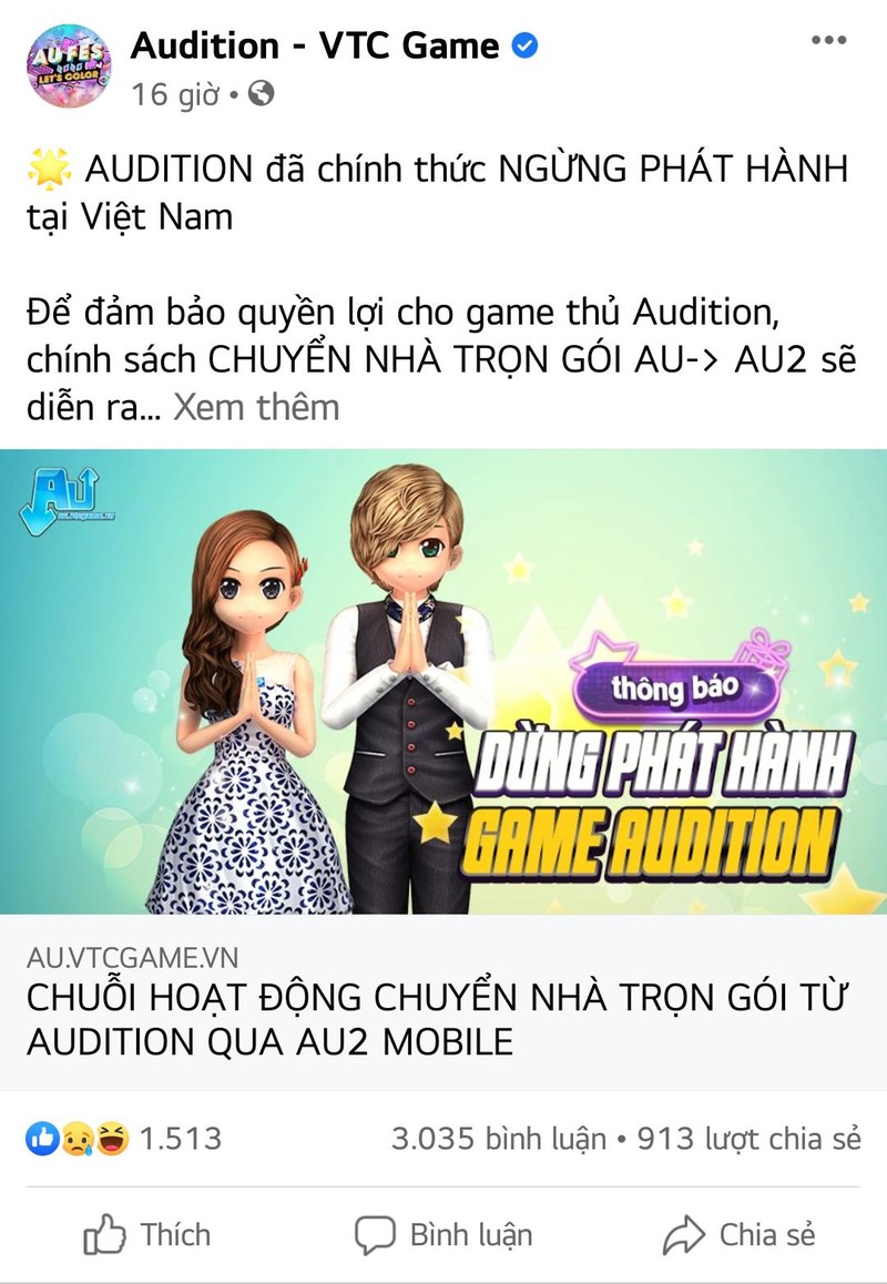 VTC Game chính thức đưa ra thông báo dừng phát hành Audition tại thị trường Việt Nam. VTC Game chính thức đưa ra thông báo dừng phát hành Audition tại thị trường Việt Nam.