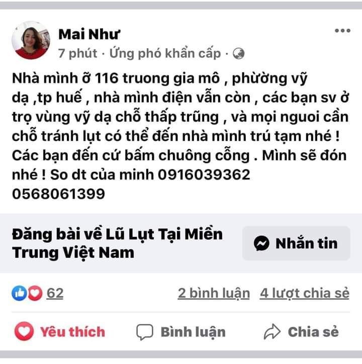 Người dân sẵn sàng chia sẻ chỗ ở. Ảnh chụp màn hình từ Fanpage Review Huế Người dân sẵn sàng chia sẻ chỗ ở. Ảnh chụp màn hình từ Fanpage Review Huế