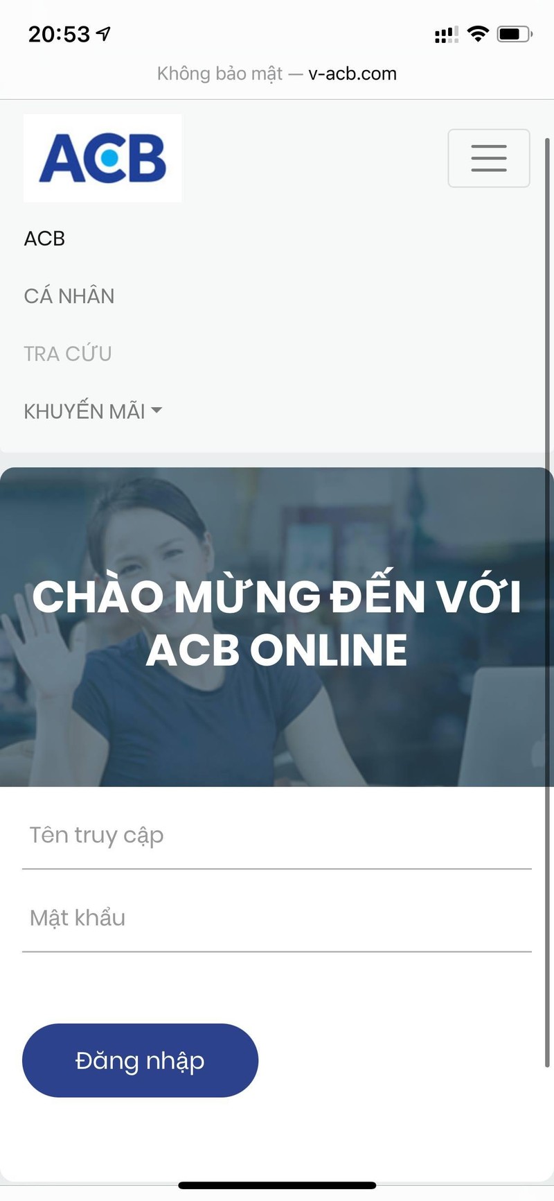 Giao diện trang web tương tự ngân hàng online của ACB.