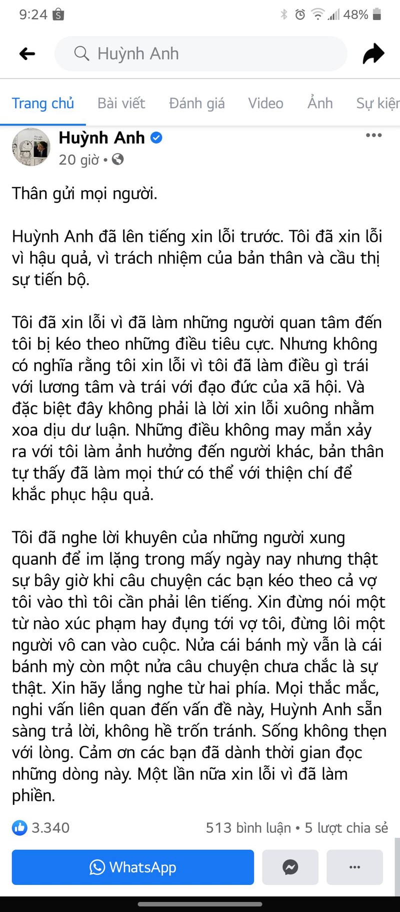 Lời xin lỗi của Huỳnh Anh. Ảnh chụp màn hình.