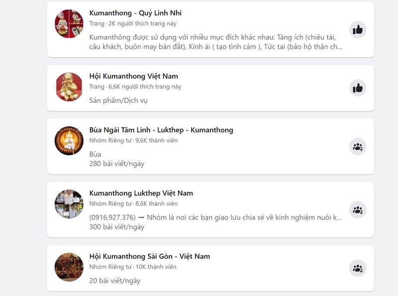 Hàng loạt hội nhóm trên Facebook được lập ra để bàn luận về Kumanthong.