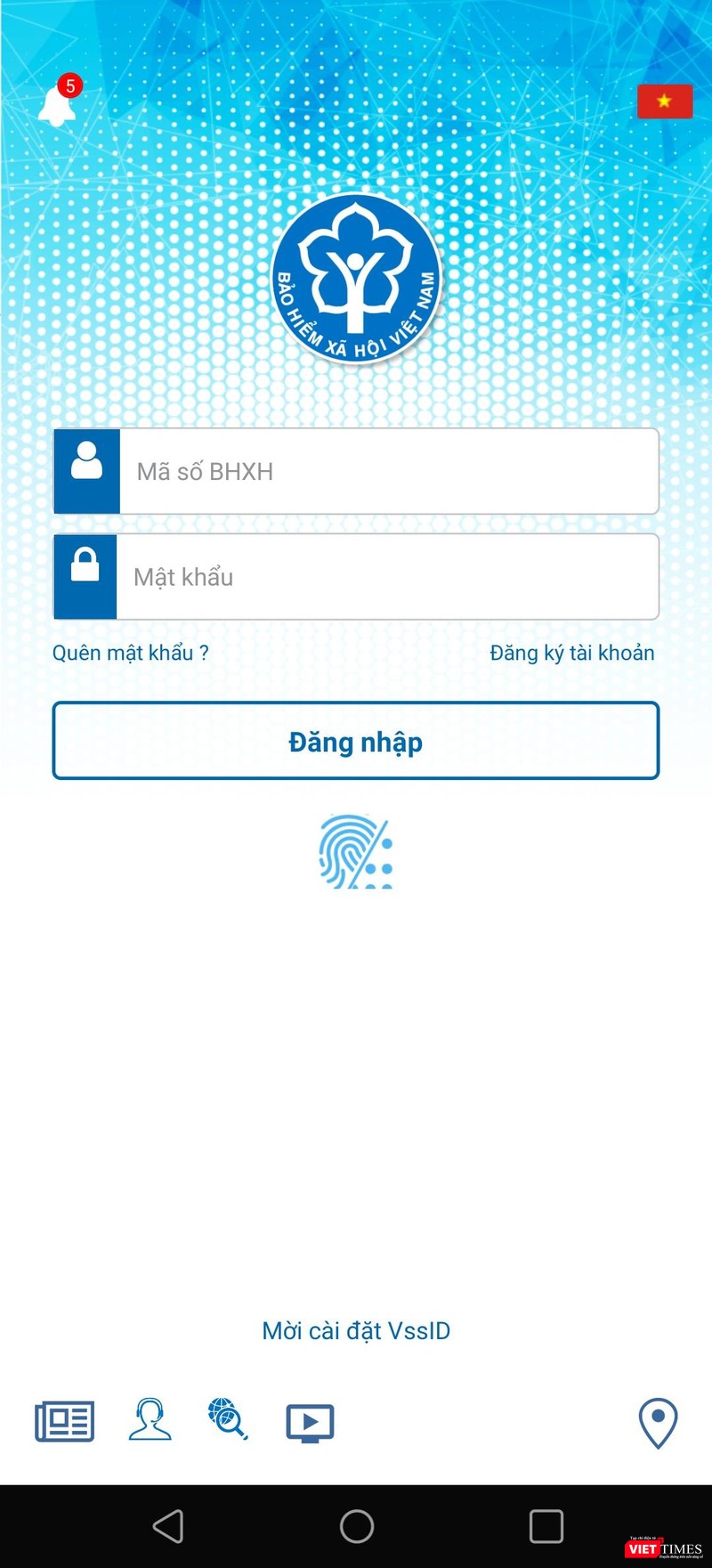 Giao diện đăng nhập ứng dụng VssID. Giao diện đăng nhập ứng dụng VssID.