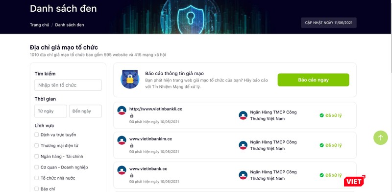 Danh sách các website lừa đảo đã được xử lý.