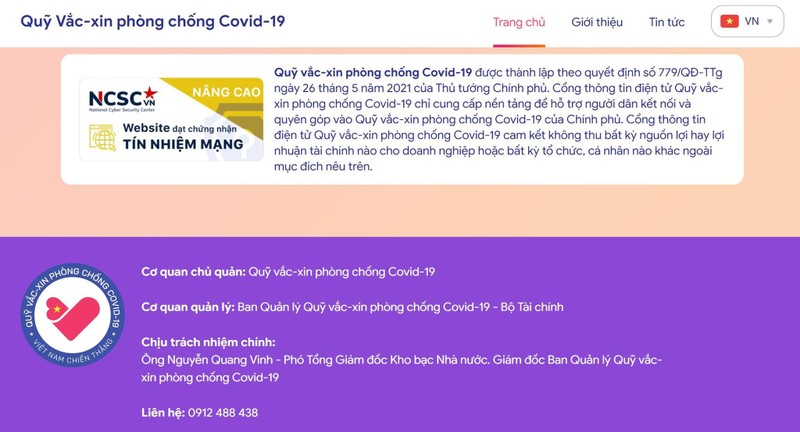 Website của Quỹ vaccine phòng COVID-19 được cấp chứng nhận tín nhiệm mạng.