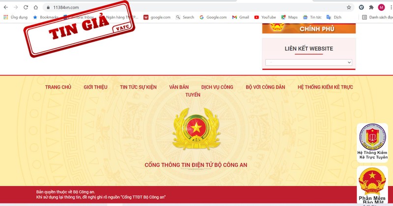 Website giả mạo Bộ Công an bị gắn nhãn tin giả. Ảnh: VAFC.