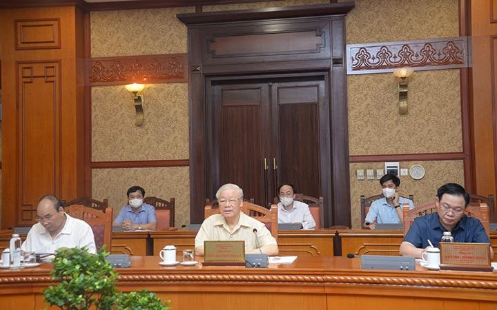 Tổng Bí thư Nguyễn Phú Trọng chủ trì cuộc họp. Ảnh: VGP. Tổng Bí thư Nguyễn Phú Trọng chủ trì cuộc họp. Ảnh: VGP.