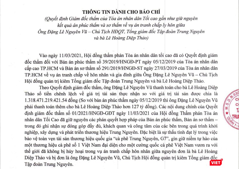 Thông cáo báo chí ký ngày 7/5/2021 từ Tập đoàn Trung Nguyên