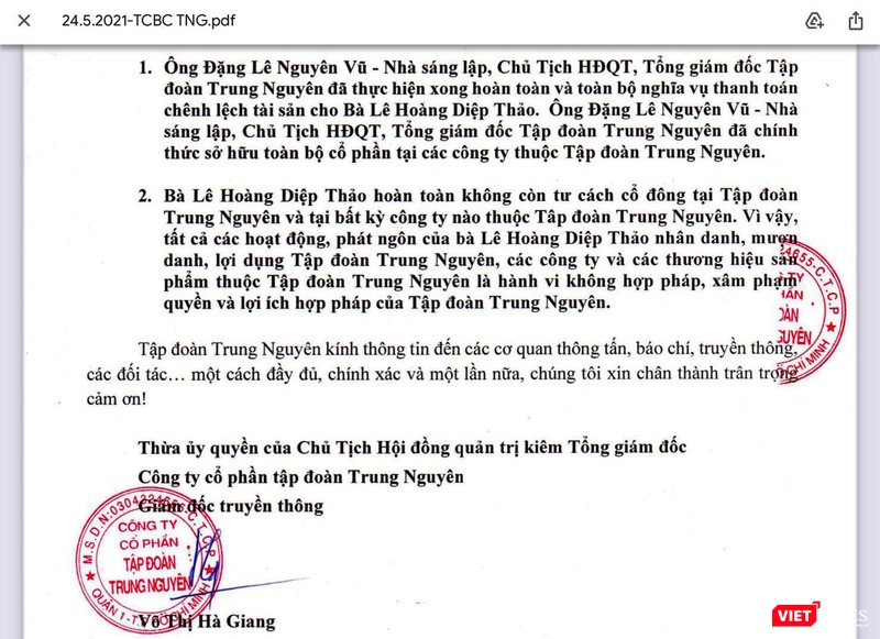 Kết luận trong Thông cáo báo chí ngày 24/5/2021 của TĐ Trung Nguyên Kết luận trong Thông cáo báo chí ngày 24/5/2021 của TĐ Trung Nguyên