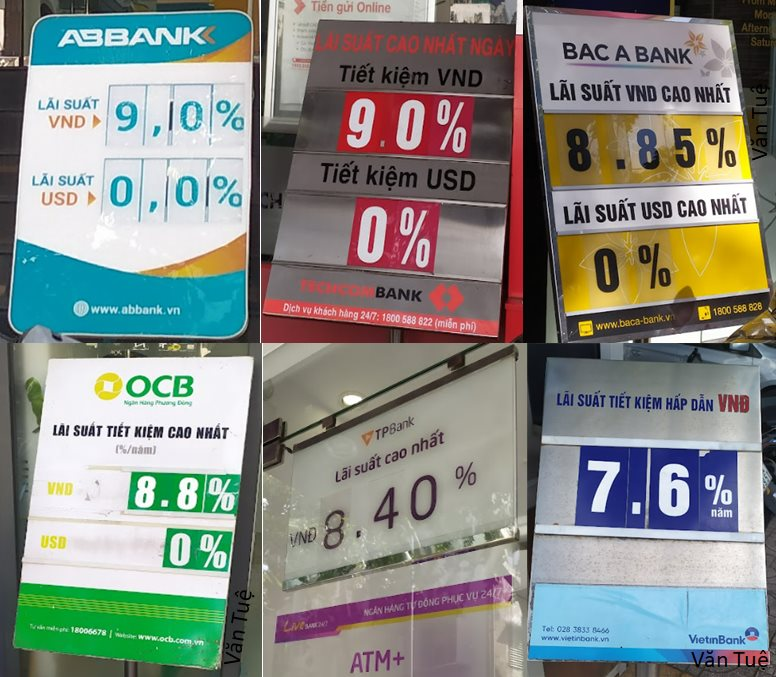 Biển lãi suất tại một số ngân hàng đang ở mức 7,5-9%/năm (Ảnh: Văn Tuệ) Biển lãi suất tại một số ngân hàng đang ở mức 7,5-9%/năm (Ảnh: Văn Tuệ)