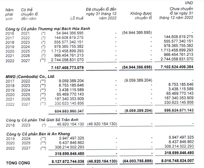 Lỗ lũy kế của một số chuỗi cửa hàng mà MWG đang triển khai tính đến cuối năm 2022 (Nguồn: BCTC)