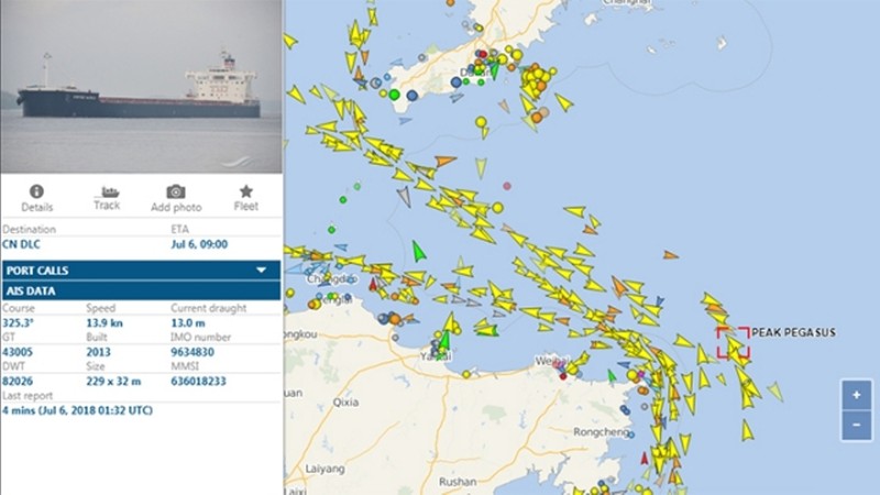 Vị trí tàu Peak Pegasus ở ngoài cảng Đại Liên thể hiện trên trang theo dõi tàu thuyền quốc tế