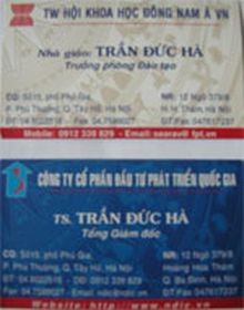 Name Card của ông Trần Đức Hà đi liên hệ công tác trong thời gian bị tố cáo lừa đảo.