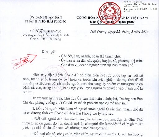 Công văn khẩn của UBND TP. Hải Phòng.