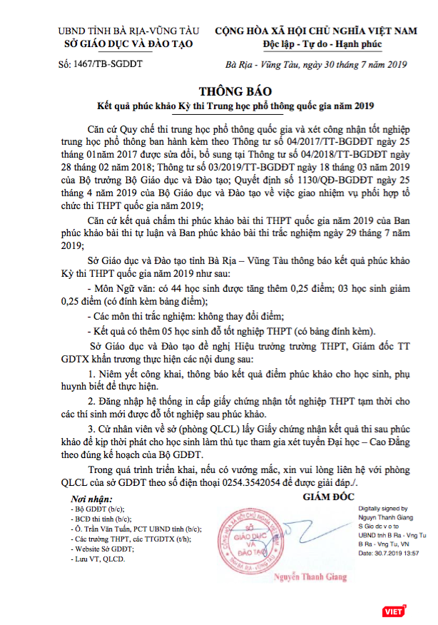 Thông báo kết quả phúc khảo kỳ thi THPT quốc gia 2019 của Sở GD&ĐT tỉnh Bà Rịa - Vũng Tàu.