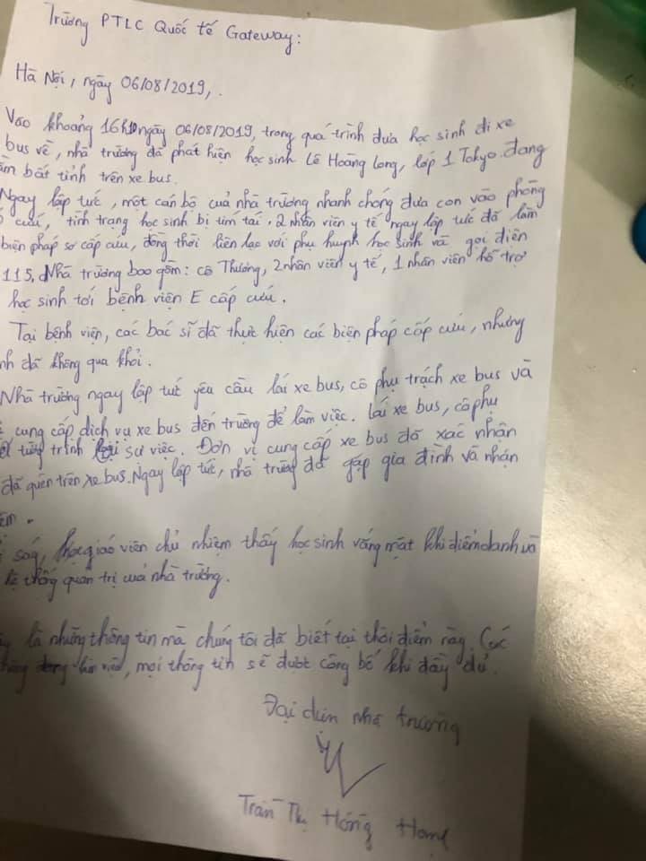 Bản tường trình sự việc của Trường Tiểu học Quốc tế Gateway.