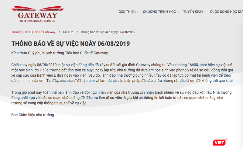 Thông báo về sự việc của Ban Giám hiệu Trường Tiểu học Quốc tế Gateway