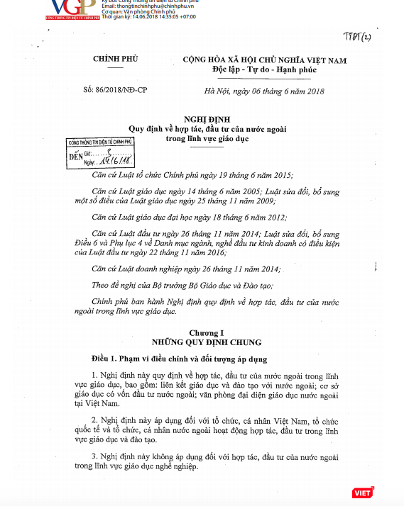 Nghị định 86/2018/NĐ-CP quy định về hợp tác đầu tư của nước ngoài trong lĩnh vực giáo dục.