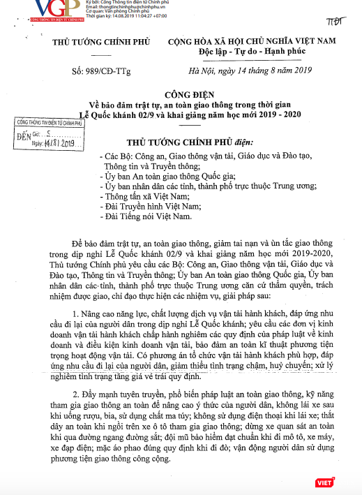 Công điện số 989/CĐ-TTg về bảo đảm trật tự, an toàn giao thông trong thời gian Lễ Quốc khánh 2/9 và khai giảng năm học mới 2019 - 2020.