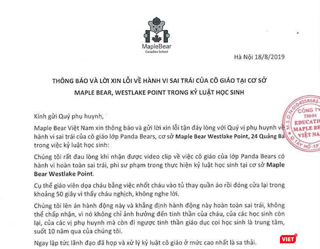 Thông báo của Trường mầm non Maple Bear Westlake Point về sự việc. 