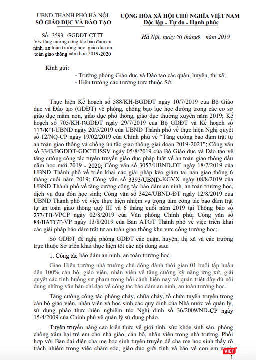 Công văn của Sở GD&ĐT TP. Hà Nội