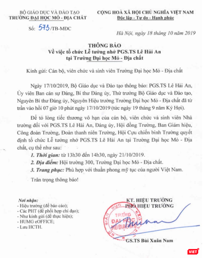 Thông báo về việc tổ chức lễ tưởng nhớ PGS.TS. Lê Hải An tại Trường Đại học Mỏ - Địa chất Thông báo về việc tổ chức lễ tưởng nhớ PGS.TS. Lê Hải An tại Trường Đại học Mỏ - Địa chất