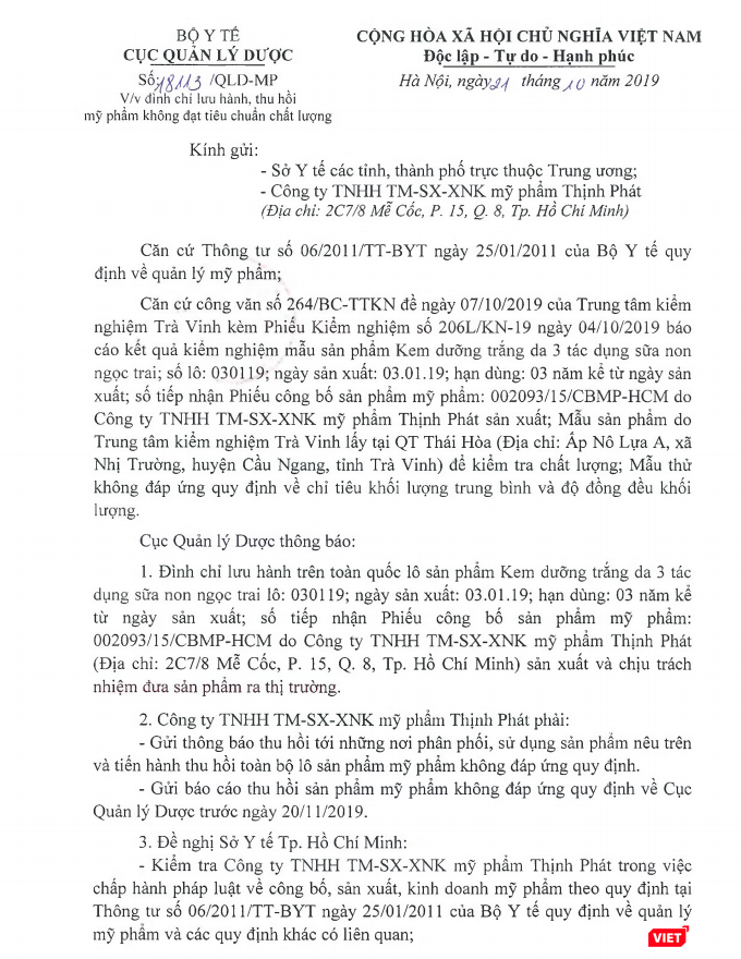 Văn bản đình chỉ lưu hành lô sản phẩm kem dưỡng trắng da 3 tác dụng sữa non ngọc trai do không đạt tiêu chuẩn chất lượng.