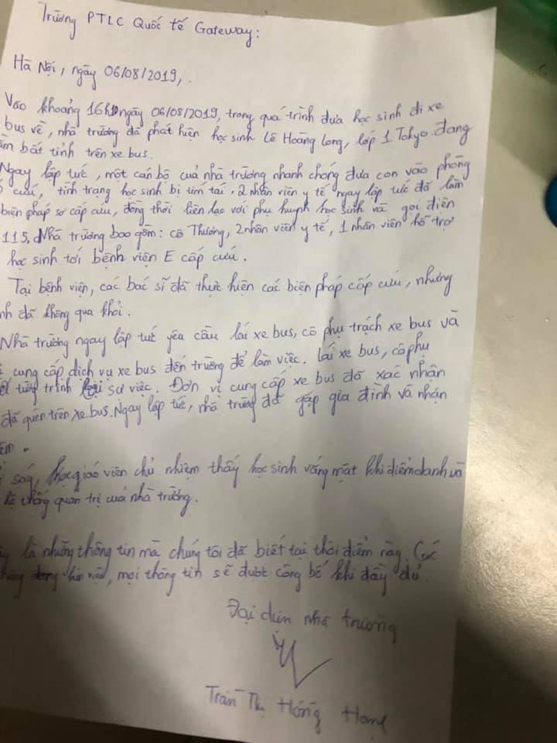 Bản tường trình của Trường Tiểu học Quốc tế Gateway sau khi sự việc xảy ra