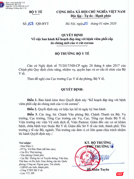 Bộ Y tế ban hành kế hoạch đáp ứng với bệnh viêm phổi cấp do chủng virus corona mới gây ra. Ảnh: Minh Thúy Bộ Y tế ban hành kế hoạch đáp ứng với bệnh viêm phổi cấp do chủng virus corona mới gây ra. Ảnh: Minh Thúy