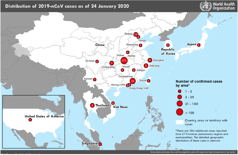 Các quốc gia, vùng lãnh thổ, khu vực có các trường hợp được xác nhận nhiễm nCoV tính đến ngày 24/1. Ảnh: WHO