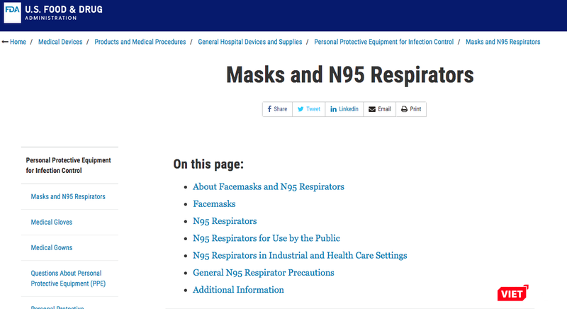 Thông tin về khẩu trang N95 trên trang web của Cục quản lý Thực phẩm và Dược phẩm Hoa Kỳ (The Food and Drug Administration - FDA). Ảnh: Minh Thúy