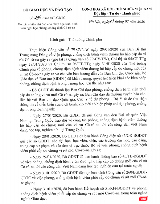 Công văn của Bộ GD&ĐT gửi Thủ tướng Chính phủ xin ý kiến chỉ đạo về việc cho phép học sinh nghỉ học để phòng chống dịch viêm đường hô hấp cấp do chủng virus Corona mới (nCoV). Ảnh: Minh Thúy Công văn của Bộ GD&ĐT gửi Thủ tướng Chính phủ xin ý kiến chỉ đạo về việc cho phép học sinh nghỉ học để phòng chống dịch viêm đường hô hấp cấp do chủng virus Corona mới (nCoV). Ảnh: Minh Thúy