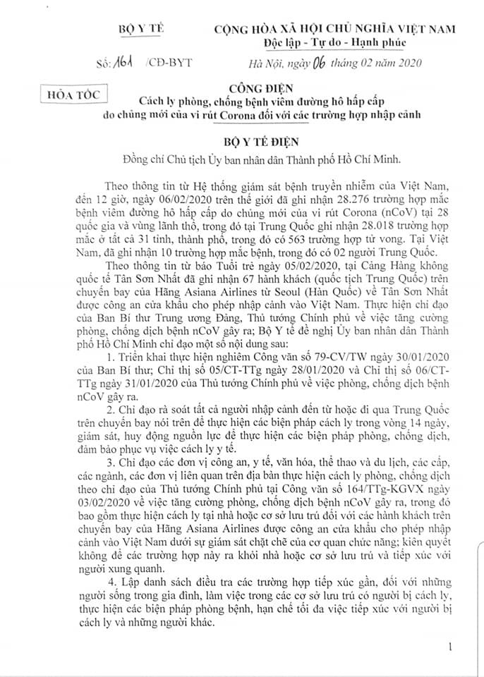 Công điện hỏa tốc của Bộ Y tếvề việc cách ly, phòng chống bệnh viêm đường hô hấp cấp do chủng mới của virus Corona (nCoV) đối với 67 hành khách Trung Quốc nhập cảnh vào Việt Nam. Ảnh: Thu Nguyệt
