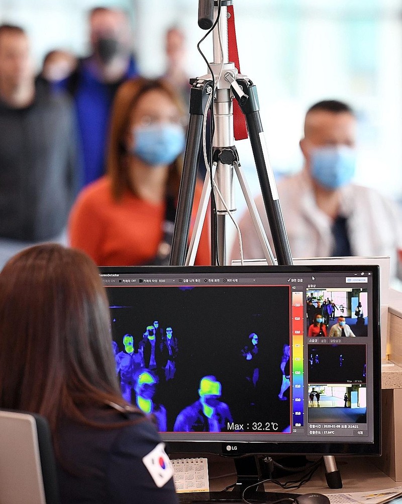 Kiểm tra thân nhiệt tại sân bay. Ảnh: EPA-EFE