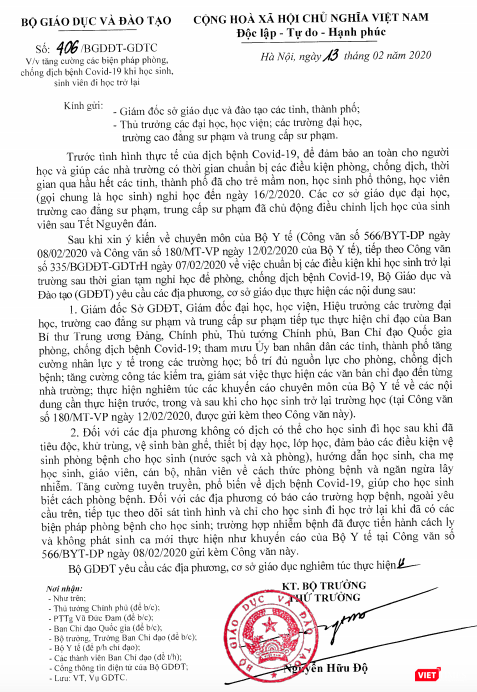 Công văn của Bộ GD&ĐT yêu cầu tăng cường các biện pháp phòng, chống dịch Covid-19 khi học sinh, sinh viên đi học trở lại. Ảnh: Minh Thúy