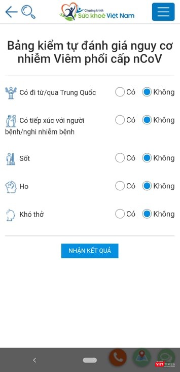 Bản kiểm tự đánh giá nguy cơ nhiễm virus Corona của ứng dụng Sức khỏe Việt Nam. Ảnh: Minh Thúy Bản kiểm tự đánh giá nguy cơ nhiễm virus Corona của ứng dụng Sức khỏe Việt Nam. Ảnh: Minh Thúy