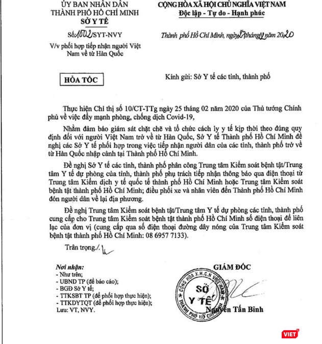 Công văn hỏa tốc của Sở Y tế TP. Hồ Chí Minh gửi Sở Y tế các tỉnh, thành phố về việc phối hợp tiếp nhận người Việt Nam về từ Hàn Quốc. Ảnh: Minh Thúy