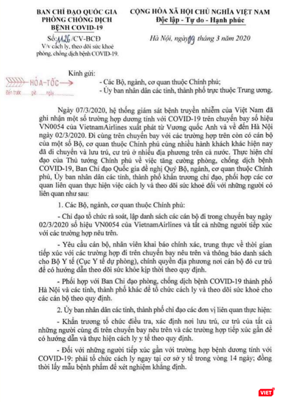 Công văn hỏa tốc của Ban Chỉ đạo Quốc gia phòng, chống dịch COVID-19. Ảnh: Minh Thúy