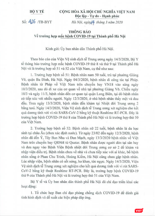 Văn bản của Bộ Y tế gửi UBND TP. Hà Nội thông báo về 2 bệnh nhân mắc COVID-19. Ảnh: Minh Thúy