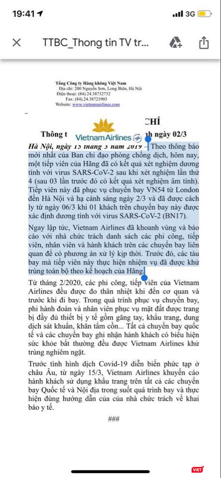 Vietnam Airlines thông tin về trường hợp nữ tiếp viên mắc COVID-19. Ảnh: Minh Thúy