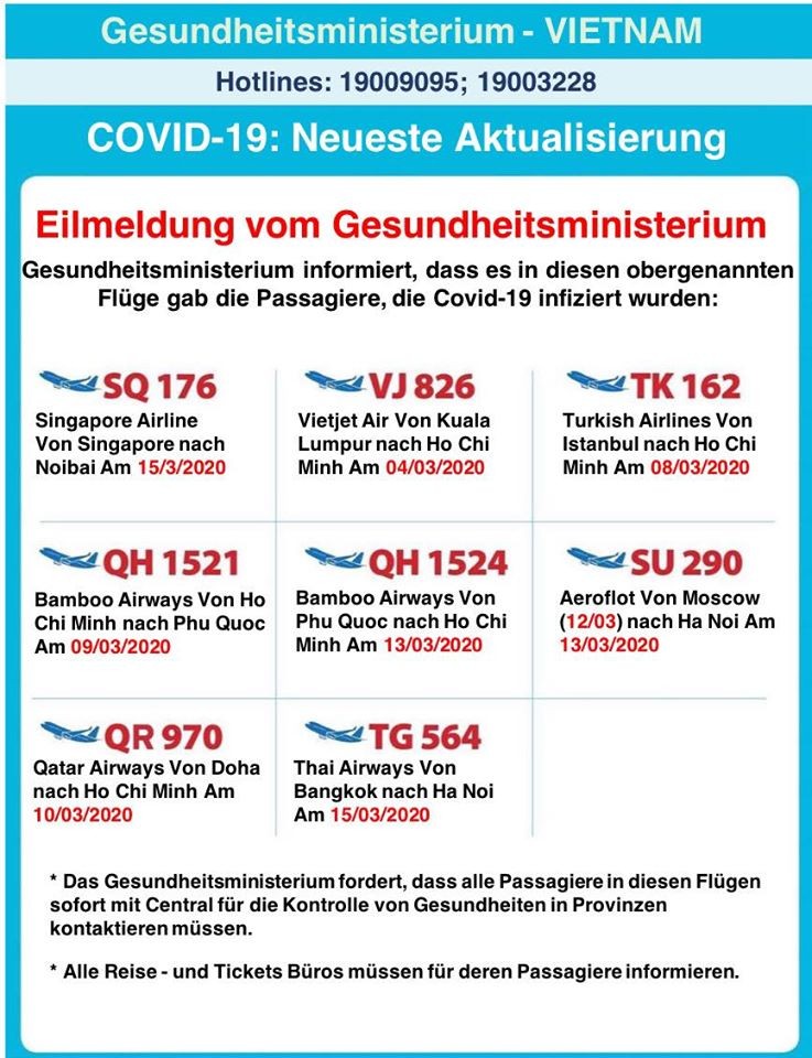 Thông báo của Bộ Y tế bằng tiếng Đức. Ảnh: Vũ Mạnh Cường Thông báo của Bộ Y tế bằng tiếng Đức. Ảnh: Vũ Mạnh Cường