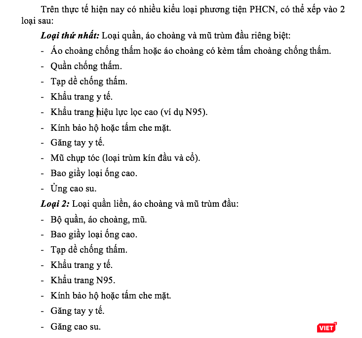 Các phương tiện phòng hộ cá nhân theo hướng dẫn của Bộ Y tế. Ảnh: Minh Thúy